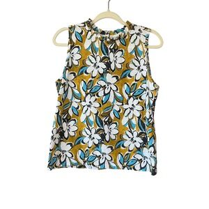 t.la Anthropologie Mustard Yellow Floral Ruffle Neck Sleeveless Cotton Top M